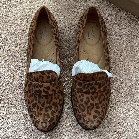 clarks leopard print loafers
